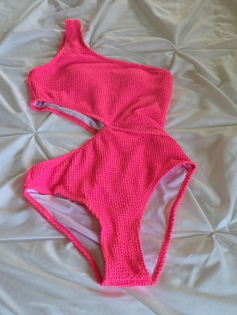 Neon Pink One-Shoulder Textured Cutout Swimsuit